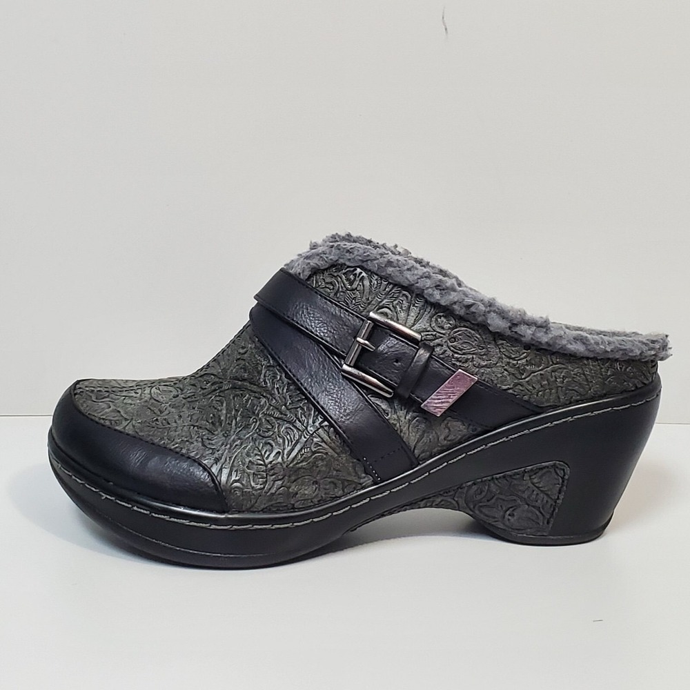 JBU Gray Embossed Leather Clog Mules with Faux Fur Trim